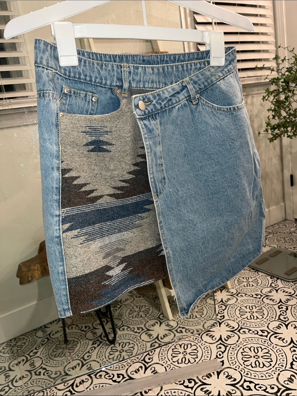 Denim Mini Skirt with Aztec Woven Panel - Light Blue